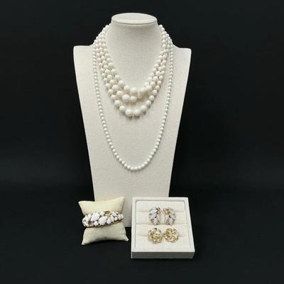 White And Gold Tone Beaded Necklaces, Earrings, And Bracelet 