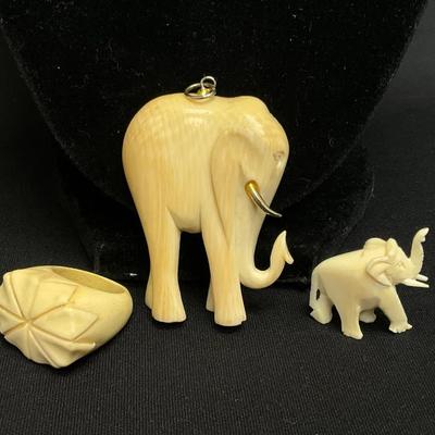 Carved Bone Ring & Elephant Pendant