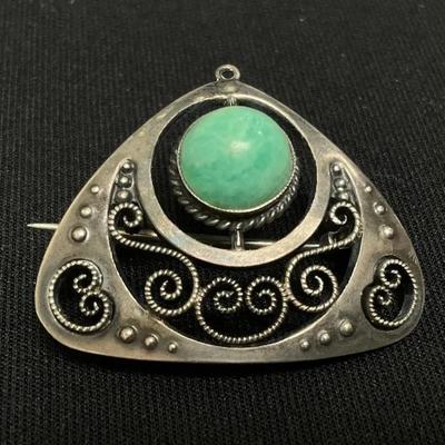 Sterling Silver And Turquoise Like Stone Pin/Pendant 