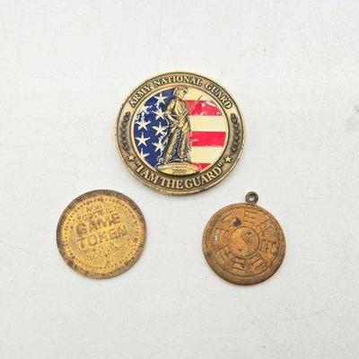 1750 • army national guard challenge coin, bagua mirror pendant & more