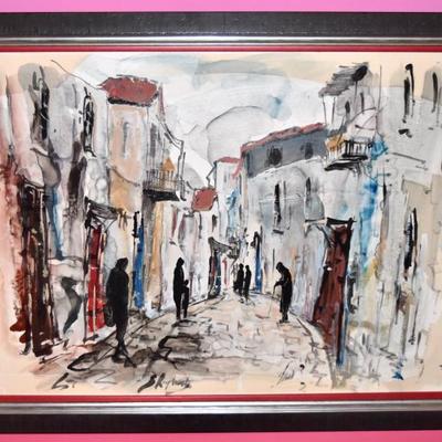 Zvi Rephaeli Signed Watercolor Street Scene In Wood Frame
