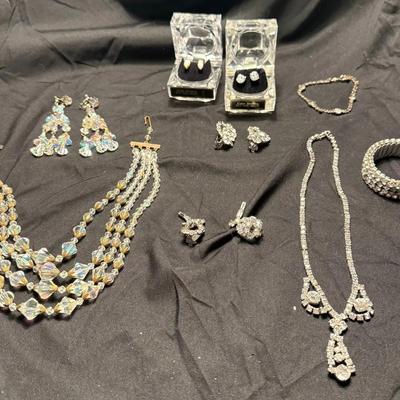 Vintage Rhinestone & Crystal Jewelry Lot – Necklaces, Earrings, Bracelets – Aurora Borealis Glass, C