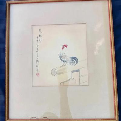 Vintage Asian Watercolor Rooster Painting – Framed Artwork w/ Calligraphy & Artist Stamp (16x18”)
