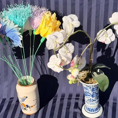 Vintage Floral Décor Bundle – Handmade Colorful Paper Flowers + Elegant White Orchid Arrangement in 