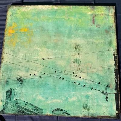 Large Urban Art Print – Birds on Wires Over City Skyline in Teal Tones 