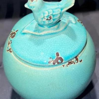 Vintage Turquoise Crackle-Glaze Ceramic Jar w/ Bird Lid • Rustic Distressed Finish 