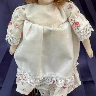 Vintage Bisque Porcelain Girl Doll on Wood Stand – 8” – Floral Dress & Lace Trim