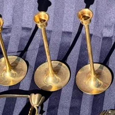 Set of 8 Vintage Brass Taper Candle Holders + Candle Snuffer – Mixed Heights – Mid-Century Style 