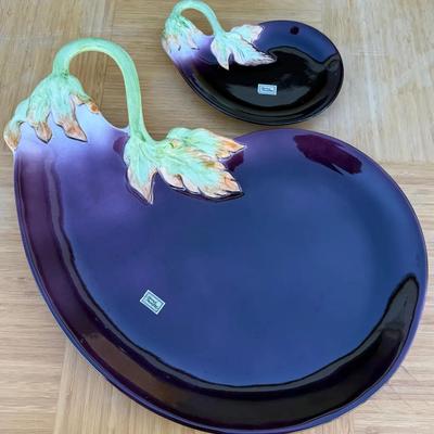 Vintage Eggplant-Shaped Ceramic Serving Platter & Dish Set – Purple & Green Glaze