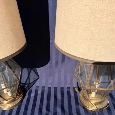 Pair of Vintage Geometric Glass Table Lamps w/ Fabric Drum Shades – Mid-Century / Retro Style 