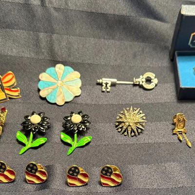 Vintage Pin & Brooch Lot – Patriotic Hearts, Avon Pieces, Floral Pins, Butterfly, Cuckoo Clock + Mor