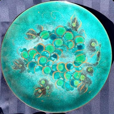 Signed Mid-Century Enamel Art Plate – Turquoise & Green Abstract Grapes Design 