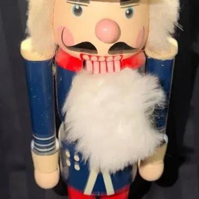 Vintage Wooden Nutcracker Soldier – Blue & Red Uniform • 14” Tall • Classic Holiday Decor 