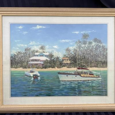 Framed Tropical Sailboat Painting – Signed D.J. Smith – Large Coastal Wall Art
