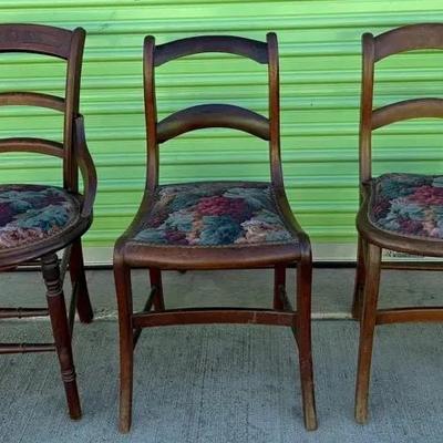Set of 3 Vintage Wooden Dining Chairs with Floral Upholstered Seats
