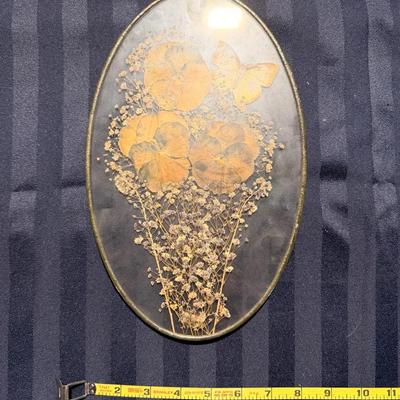 Vintage Oval Pressed Flower Art with Butterfly – Framed Wall Hanging