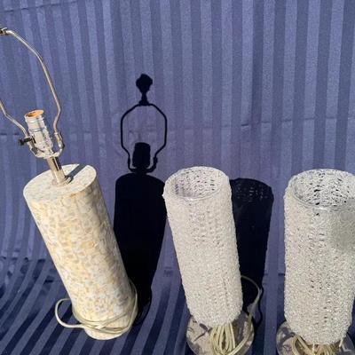 Vintage Coastal Table Lamp Pair – Shell Finial Tall Lamp + Textured Acrylic Cylinder Lamp