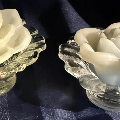 Avon Rose Flower Candles with Glass Pedestal Holders (Pair)
