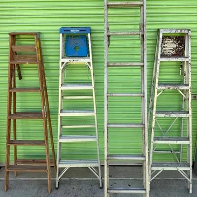 Lot of 4 Vintage Ladders & Step Stools – Wood & Aluminum Mixed Set