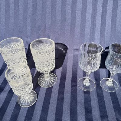 Vintage Pressed Glass Goblet Lot – 5 Total Pieces – Heavy Cut Glass & Faceted Stemware Mix 