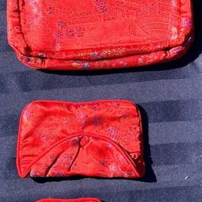 Vintage Red Silk Brocade Pouch Set – 3-Piece Cosmetic / Coin Purse Lot with Asian Floral Pattern