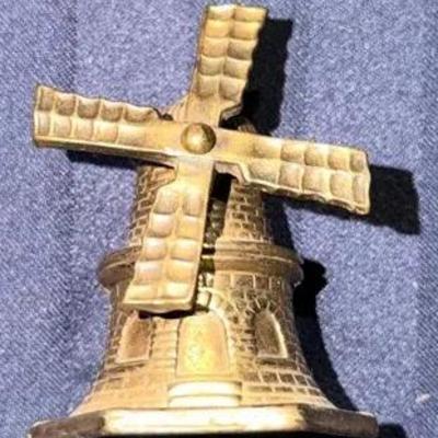 Vintage Solid Brass Windmill Bell – Rotating Blades – Decorative Collectible