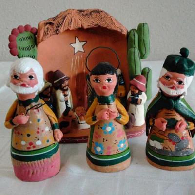 Hand-Painted Folk Art Nativity Set w/ 3 Additional Figures & Rustic Candle Holder –Vintage Christmas