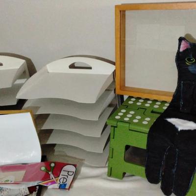 Lot of Office & Classroom Organizers w/ Cute Cat Wall Hanging – File Sorters, Display Frame & Step S