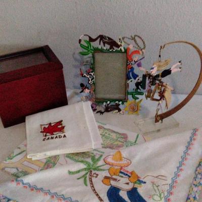 Eclectic Vintage Décor Lot – Hand-Embroidered Linens, Whimsical Frame, Music Box & More