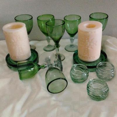 Set of 6 Green Handblown Wine Glasses and Candle Holders *