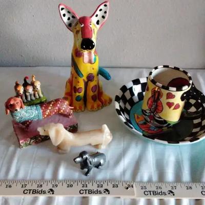 Whimsical Dog Figurines & Colorful Mug/Saucer Set – Folk Art Style Lot, Romero Britto Inspired