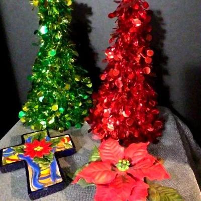 Festive Holiday Décor Lot – Shimmer Trees, Ceramic Cross & Poinsettia Arrangement