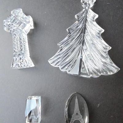 Lot of 4 Clear Glass / Crystal Figurines – Christmas Tree, Cross & Eiffel Tower Paperweights
