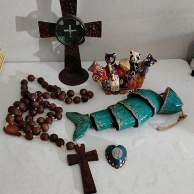Cross Decor, Ceramic Kitties And Fish Wind Chime, Rosary, Milagro Heart