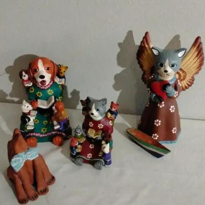 Set of Hand-Painted Peruvian Folk Art Animal Figurines – Colorful Dog & Cat Figures, Angel