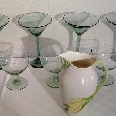 Set of 8 Handblown Green Glassware and Ceramic Pitcher, Vintage, signed "Lee 87".*