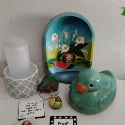 Whimsical Home Decor Lot – Ceramic Bird, Hand-Painted Wall Art, Candle Holder & Fun Signs