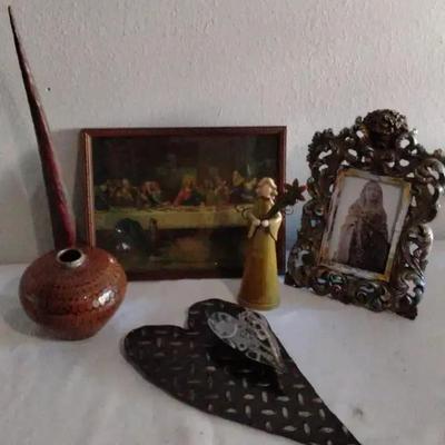 Eclectic Religious & Decorative Home Décor Lot – Angel Figurine, Metal Heart Art, Last Supper Print 