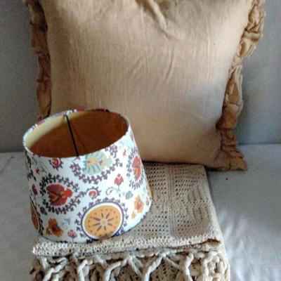 Boho Cottage Chic Home Decor Lot – Ruffled Pillow, Crochet Throw & Patterned Lampshade
