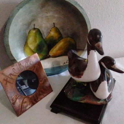Decorative Lot – Hand-Painted Pear Bowl, Duck Figurine on Base, and Copper Photo Frame
