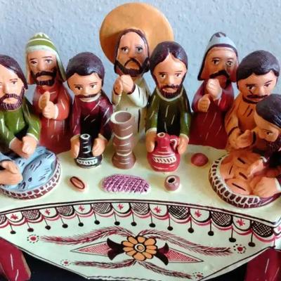 Peruvian Last Supper Clay Figurine Set with clay crosses.