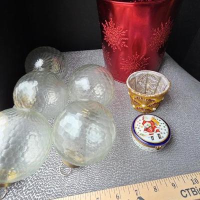 Holiday Décor Lot – Glass Ornaments, Red Metal Snowflake Bucket & Limoges Santa Porcelain Box