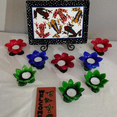 Glass Art Votives And Ceramic Platter With Frog