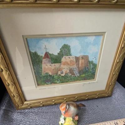 Framed Southwestern Artwork & Staffordshire Robin Figurine – Mixed Decorative Lot