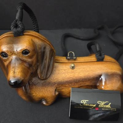 Timmy Woods Beverly Hills Hand-Carved Wooden Dachshund Dog Purse – Collectible Designer Handbag.