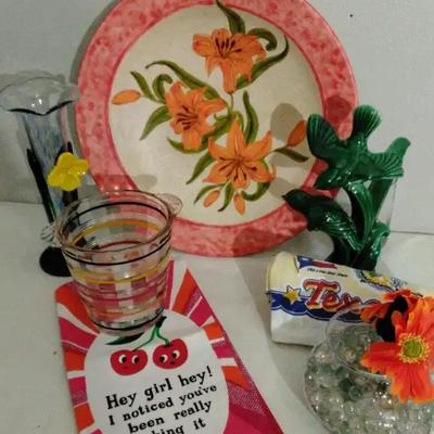 Mid-century modern Claire Lerner pottery, glass flower art vase, vintage anchor hocking