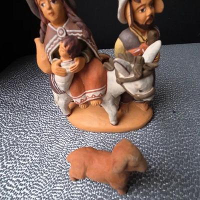Peruvian Folk Art Nativity Sculpture – Clay Holy Family on Donkey with Lamb *