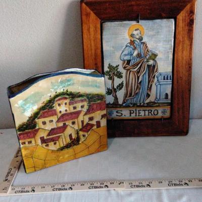 Italian Hand-Painted Ceramic Wall Art & Village Scene Sculpture – “S. Pietro” Religious Tile & Tusca