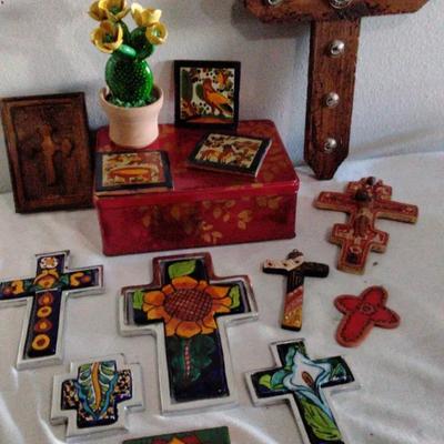 Colorful Mexican Folk Art Cross Collection & Décor Lot – Hand-Painted Tiles, Rustic Wood Cross