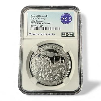 2023 St. Helena PF 70 Ultra Cameo £1 Early Release Silver Boston Tea Party (CVO920)